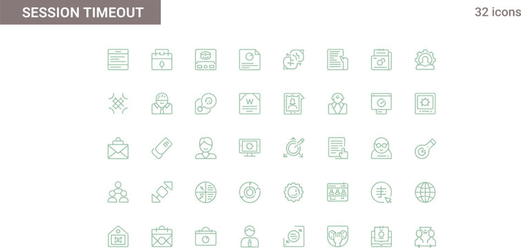Session timeout icon set in minimal outline style for user inactivity alerts security control and system interface management design