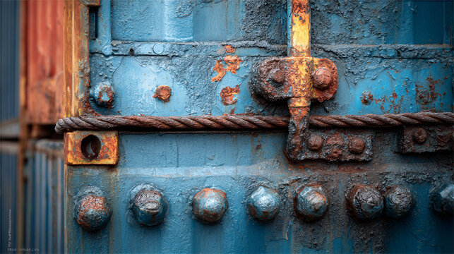 Macro close-up of container cargo ship deck. Industrial texture with smooth and rough metal. Deep sea blue warning orange. Cinematic lighting shallow depth. Negative space on right for logistics.