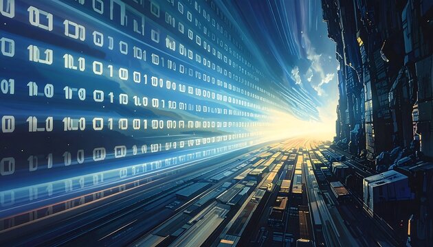 A futuristic digital landscape with code streaming down