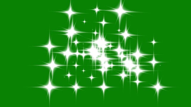 Glitter sparkle star twinkling animation, white cartoon doodle stars shining, magical festive glow light effect, right starlight shimmer overlay on green background, dreamy visual sparkle design.4K