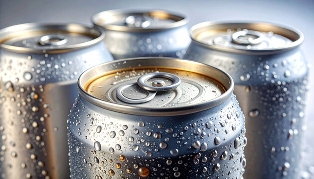 Close up of four aluminum cans with condensation on a blurred background
