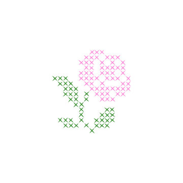 Embroidered cross-stitch rose flower element. Hand drawn retro hatch folk motif. Vector isolated shape.