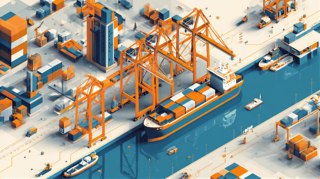 Isometric illustration of modern freight port with containers, cranes and cargo ships. Tech blue and orange minimalist style. Efficient logistics scene with negative space. For supply chain use.