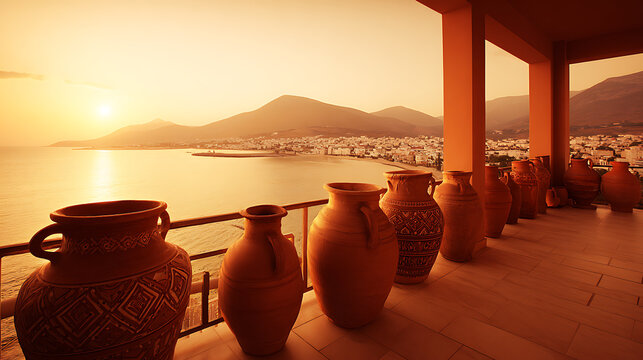 Terracotta vases on balcony overlooking sea emphasizing teamwork and professional collaboration