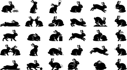 Fototapeta premium Four black rabbit silhouettes engaged in various activities bunny animal 