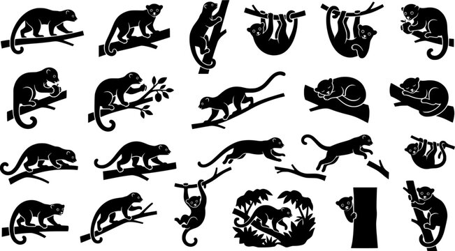 Four black kinkajou silhouettes on branches and holding fruit animal arboreal
