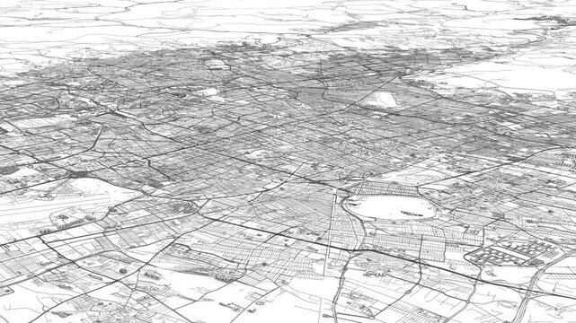 Night aerial view of Teheran with illuminated street network in grayscale, black roads and white buildings, dark shadows between structures forming a high contrast city map from above.