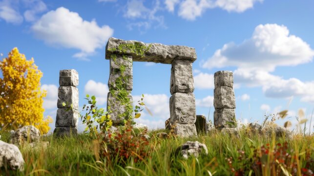 Ancient Stone Structure Surrounded by Lush Green Grass and Vibrant Blue Sky with Clouds