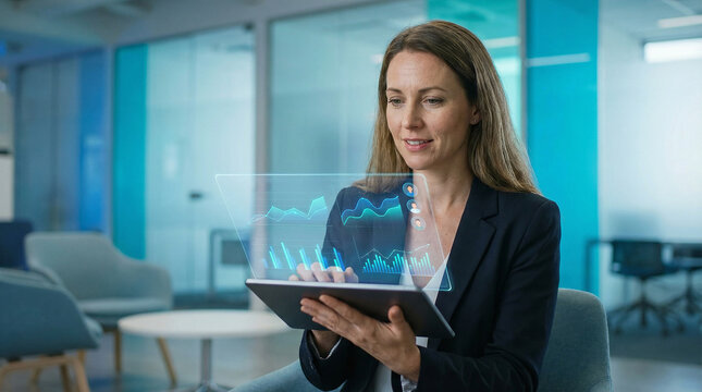 artificial intelligence AI A businesswoman in a modern office analyzing data on a tablet with a futuristic interface