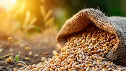 Obraz premium Golden Wheat Grains Spilling from Burlap Sack with Sunset Glow in Background