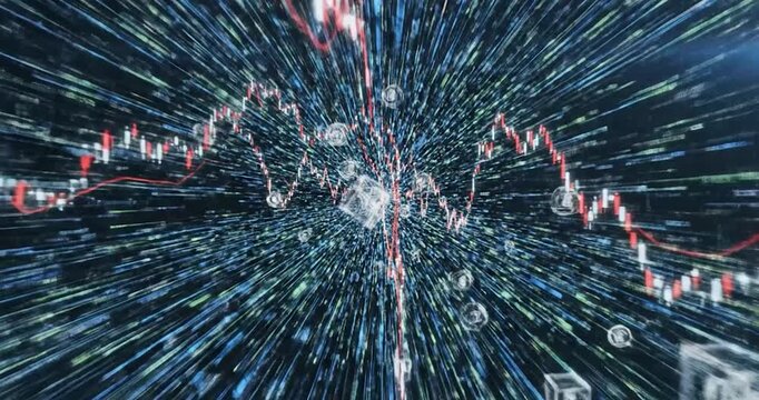 Abstract financial data tunnel with glowing trading charts and digital cubes