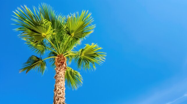 Lush Green Palm Tree Against a Bright Blue Sky in Tropical Paradise Setting Ideal for Vacation and Travel Imagery