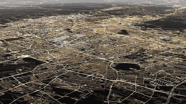 Wireframe view of Teheran with street network in grayscale, black roads and buildings covered by white wireframe lines, dark shadows between structures forming a high contrast city map from above.