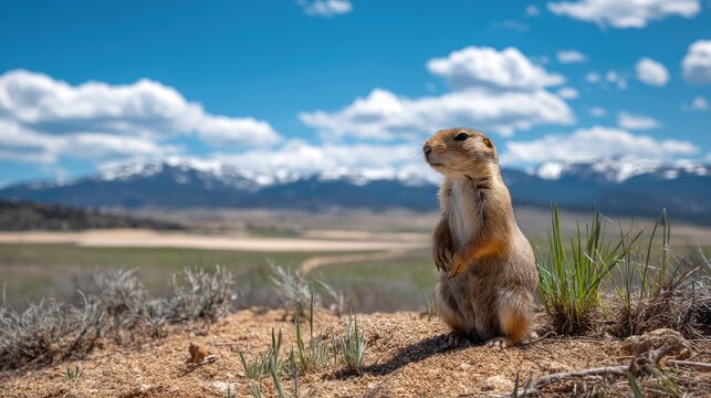 Curious Prairie Dog Standing on Rocky Terrain with Mountains and Cloudy Sky in Background