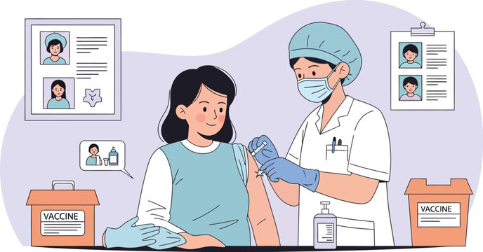 Vaccination illustration: a health care professional administers a vaccine injection to patient in a clinical setting.