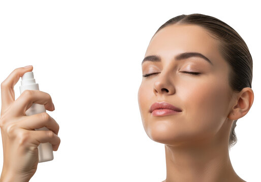 Beautiful young woman with closed eyes applying hydrating facial mist spray for skincare and beauty treatment on white background