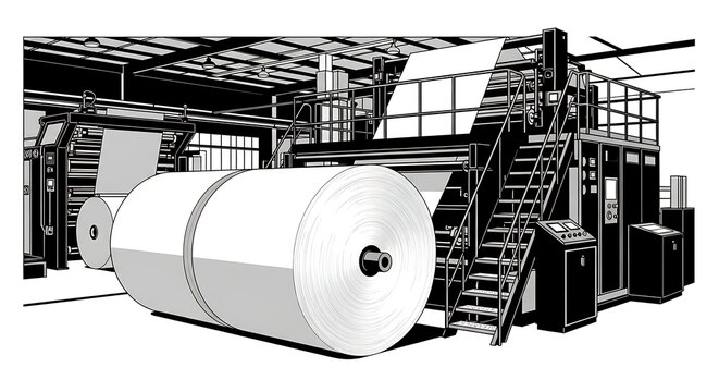 Large industrial paper manufacturing machine with giant rolls