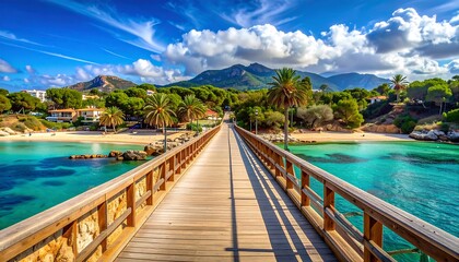 Obraz premium A wooden bridge leads to a picturesque beach framed by lush greenery, turquoise water, mountains, and a bright blue sky