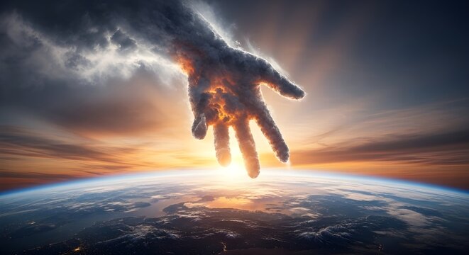 A giant hand reaching down from the dark sky towards the surface of the earth in a surreal scene
