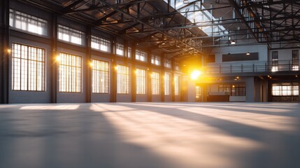 Naklejka premium Sunlight Streaming Through Industrial Windows in an Open Warehouse Space with a Modern Aesthetic