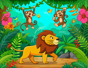 Naklejka premium Cute Cartoon Lion Walking in Tropical Jungle with Playful Monkeys
