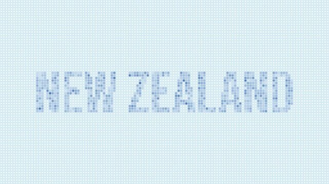New Zealand dotted map animation. Digital style shape of the country. New Zealand shape and title dots appear with bulb flickering effect. Intro, outro, logo, title video.