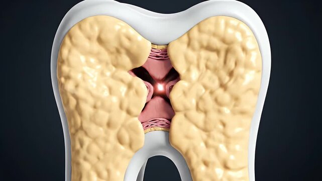 Detailed CGI Cross-Section of a Human Tooth Revealing Pulp Chamber Contraction and Secondary Dentin Deposition in an Aging Process for Dental Health Education and Research on a Dark Background