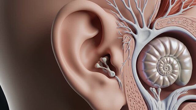 Detailed CGI Cross Section of the Human Ear Highlighting the Cochlea and Neural Network in a Silent Environment Concept for Educational and Scientific Presentations