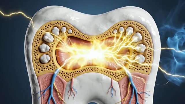 Detailed CGI Cross Sectional View of a Human Tooth Highlighting Hypersensitivity Pathway and Nerve Stimulation with Pulsating Yellow Energy on a Dark Blue Gradient Background for Educational and