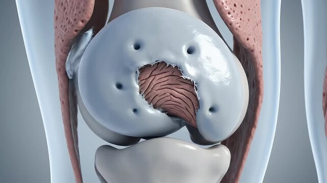 Detailed CGI Depiction of Meniscus Tissue Degeneration within the Knee Joint Illustrating Cartilage Damage and Holes Ideal for Orthopedic Education and Medical Presentations