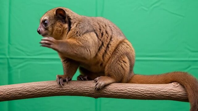Cute Kinkajou sitting on a branch and yawning against a green screen background