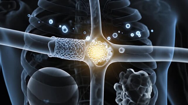 Medical animation illustrating arterial plaque buildup and stent placement within a translucent human torso highlighting cardiovascular health and treatment