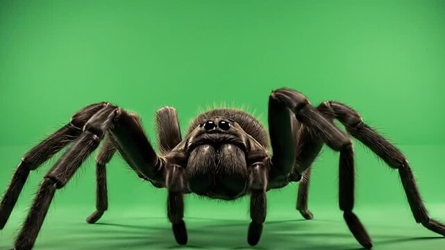 arge black tarantula spider walking forward on a green surface