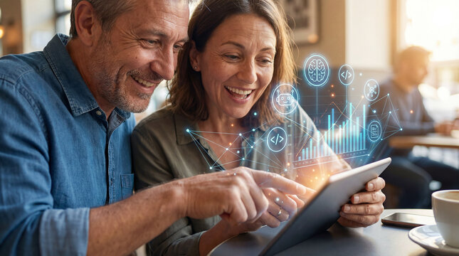 artificial intelligence AI A smiling senior couple using a tablet together in a cafe with digital graphics