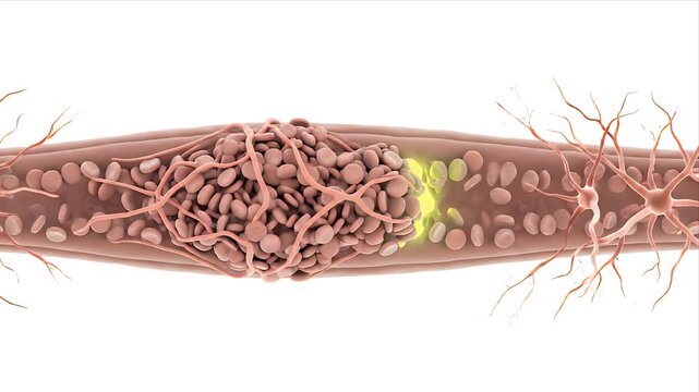Medical Animation Illustrating Thrombus Formation and Blood Clot Breakdown within a Blood Vessel Showing Red Blood Cells and Fibrin Strands with Neural Network Elements