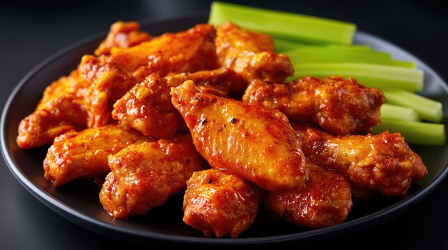 Delicious Plate of Spicy Chicken Wings Served with Fresh Celery Sticks on a Black Background for Appetizing Food Photography