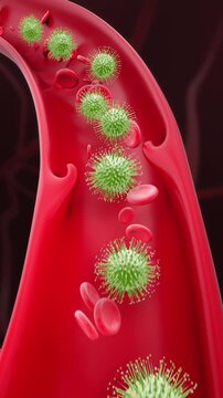 Green virus particles flow alongside red blood cells inside semi-transparent bloodstream vessel with dark red background to illustrate infection process