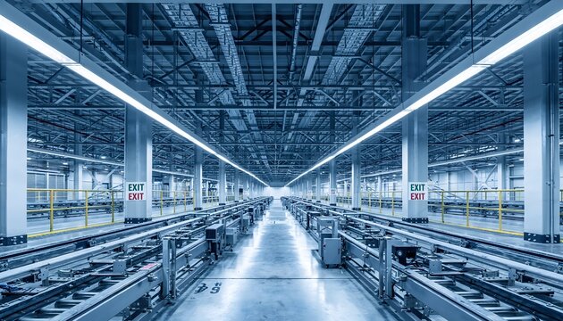 Expansive Industrial Factory Assembly Line Stretch Into The Distance With Modern Infrastructure And Exit Signs