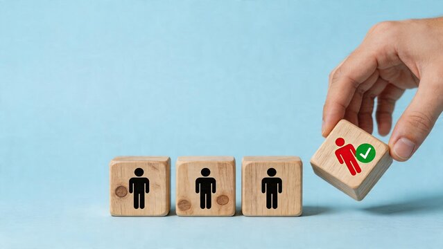 Business recruiting concept hand selecting qualified human resource candidate from wooden cubes with silhouettes for job interview and staff hiring process blue background