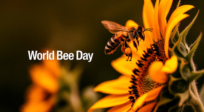Closeup of a bee collecting pollen from a vibrant sunflower on world bee day celebration concept