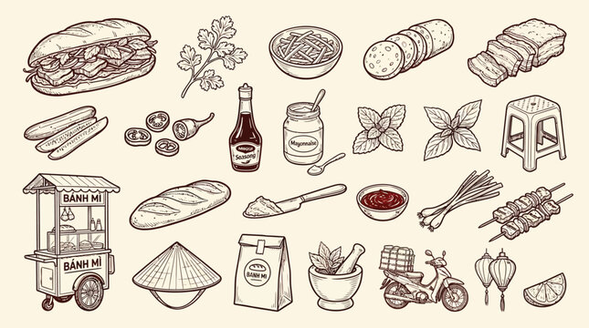 A detailed illustration of various Vietnamese food ingredients and street food elements, including banh mi, herbs, sauces, and a food cart.