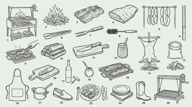 A detailed illustration showcasing various tools, ingredients, and methods associated with traditional barbecue and grilling, including meats, cooking implements, and serving dishes.