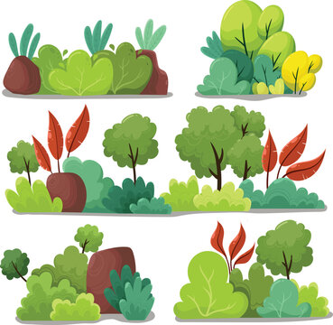 Stylized green bushes and rocks vector illustration for nature background