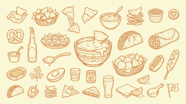 A delightful collection of hand-drawn illustrations featuring a variety of popular snack foods and beverages, perfect for culinary themes.