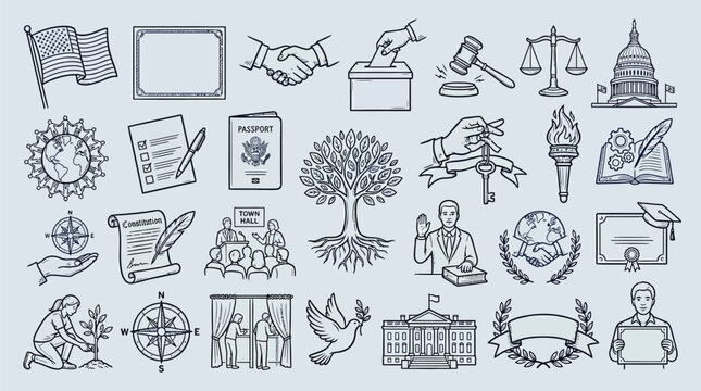 Collection of hand-drawn icons representing concepts of democracy, law, freedom, and civic engagement.