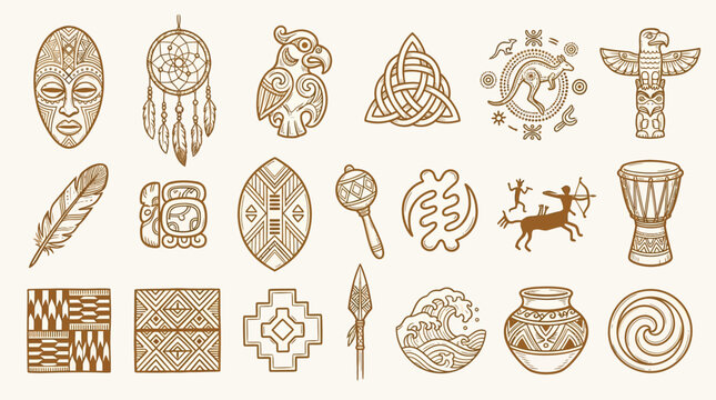 Collection of diverse cultural symbols and artifacts, including masks, dreamcatchers, totems, pottery, and geometric patterns, representing various indigenous traditions and artistic expressions.