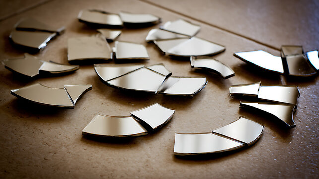 Shattered mirror pieces on floor emphasizing natural beauty and tranquility
