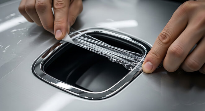 Detailing hands carefully peel protective film from a chrome car emblem, revealing a polished surface, focus on precision and care
