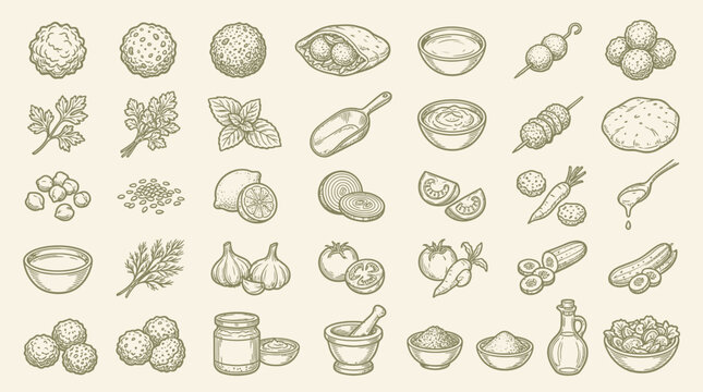 A charming collection of hand-drawn illustrations depicting various food ingredients and dishes, presented in a grid format.