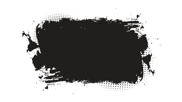Rectangular black grunge banner vector element with distressed halftone edges and ink splat texture